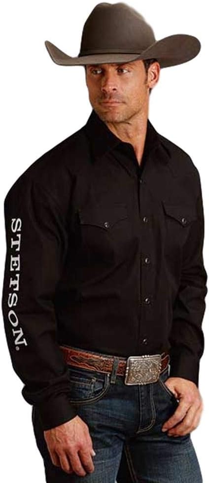 Stetson Men's Solid Logo Long Sleeve Western Shirt Black XX-Large